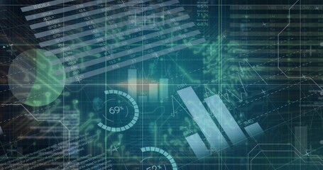Displaying central data visualization in futuristic control room, with bar graphs and gauges