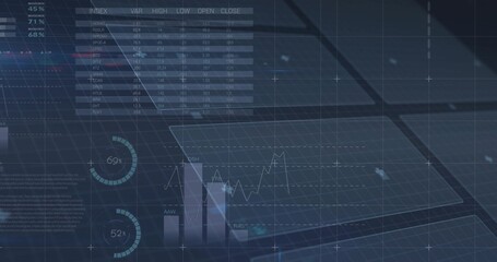 Displaying translucent dashboard floating above grid plane, showing line graph and bar chart