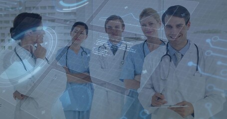 Standing medical team of five holding stethoscopes in medical hallway, with digital overlay