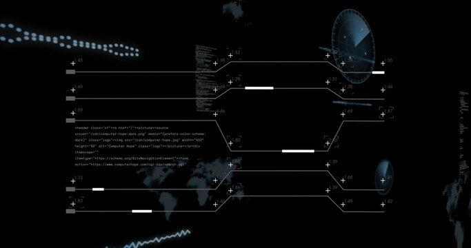 Displaying world map silhouette floating in dark interface, with circular radar dial and code block