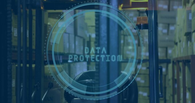 Displaying forklift control area and mast navigating warehouse aisle, with data protection overlay - Powered by Adobe