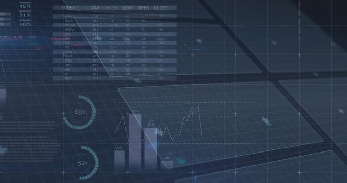 Displaying translucent dashboard floating above grid plane, showing line graph and bar chart - Powered by Adobe