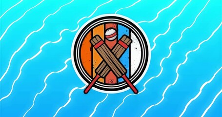 Showing cricket emblem with bats crossing beneath red-white ball in segmented frame in digital art