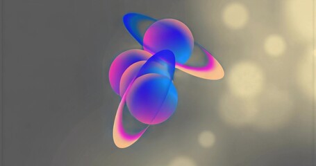 Naklejka premium Floating cluster of four gradient spheres drifting in studio, with torus rings and bokeh spots