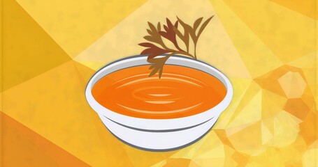 Displaying white ceramic bowl holding smooth orange soup on warm polygon mosaic, with herb garnish © vectorfusionart