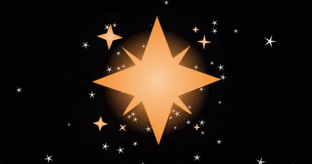 Fototapeta premium Glowing golden eight-pointed star emitting halo glow in space field, with white and orange stars