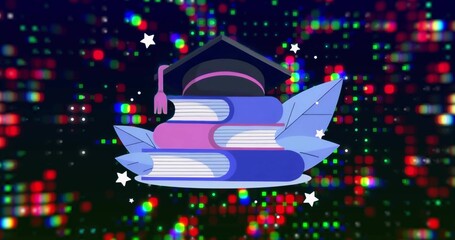 Fototapeta premium Showcasing digital book stack featuring mortarboard cap in digital space, with leaves and stars