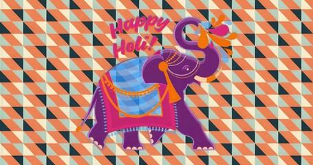 Spraying purple elephant shooting orange-pink Holi color over backdrop, with saddlecloth ornaments
