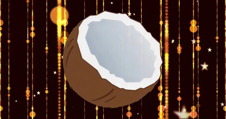 Fototapeta premium Floating half coconut shell showing white flesh in abstract digital studio, with golden light lines