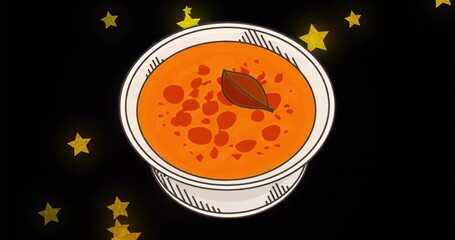 Fototapeta premium Displaying white bowl holding orange soup with bay leaf against cosmic backdrop, golden stars