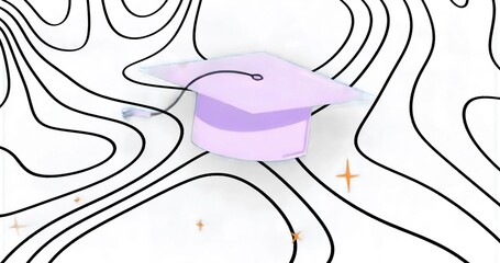 Floating lavender mortarboard cap hovering over abstract backdrop with contour lines, gold sparkles