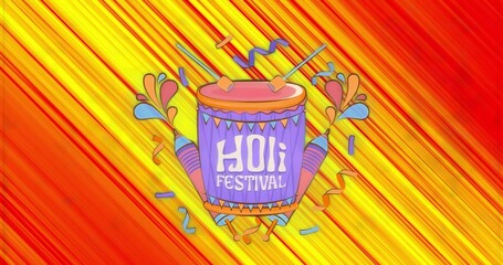 Featuring Holi Festival drum with pichkaris in festive graphic, confetti ribbons and paint splashes © vectorfusionart