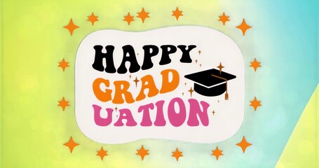 Curvy white banner displaying HAPPY GRADUATION text and cap in digital illustration, with sparkles