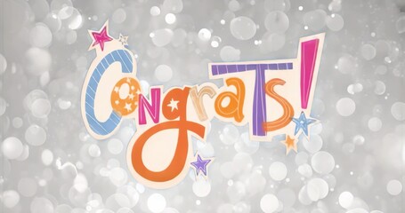 Floating stylized Congrats lettering dancing in digital composition, with decorative star icons