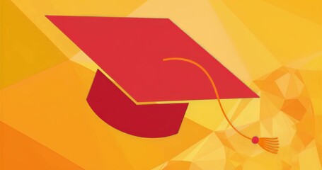 Displaying red graduation mortarboard floating on digital composition, with orange polygon shapes