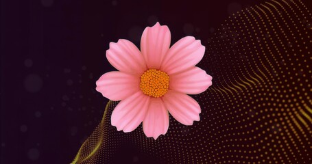 Naklejka premium Pink daisy-like flower floating in purple abstract backdrop, with yellow dotted waves and bokeh