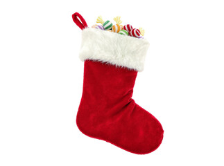 Classic red Christmas stocking with white fluffy trim and candy peeking out, isolated on white PNG background.