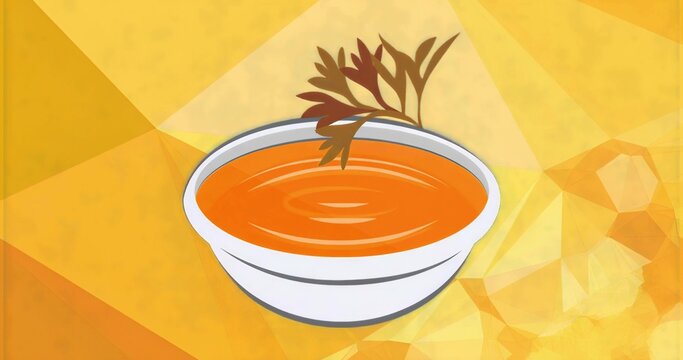 Displaying white ceramic bowl holding smooth orange soup on warm polygon mosaic, with herb garnish