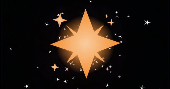 Naklejki Glowing golden eight-pointed star emitting halo glow in space field, with white and orange stars