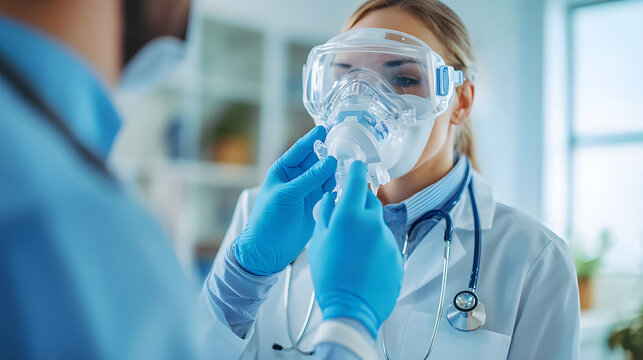 A medical professional in protective gear adjusts a respiratory mask with assistance, focusing on health and safety.