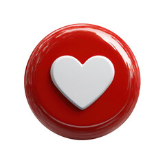 Glossy red circular button with a white heart symbol isolated on transparent background