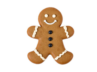 Gingerbread man cookie with icing details, buttons and smile, isolated on clean white background.
