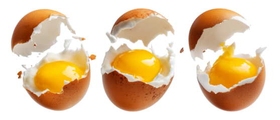 Cracked brown egg with intact yolk and broken shell in high detail, isolated on white transparent background
