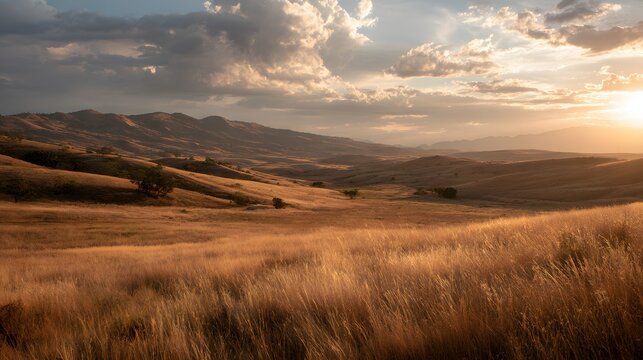 Golden hour illuminates rolling grassy hills leading towards distant mountain ranges under dramatic clouds