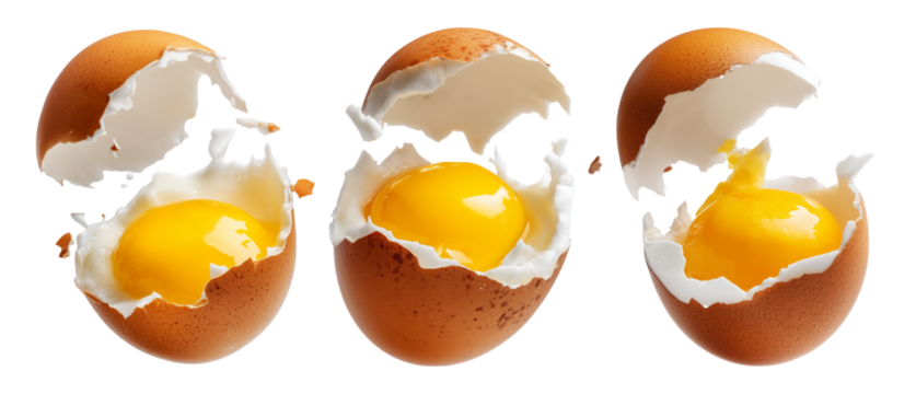 Cracked brown egg with intact yolk and broken shell in high detail, isolated on white transparent background