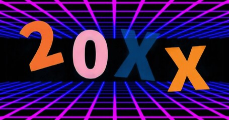 Naklejka premium Floating four 3D alphanumeric characters in retro digital scene, with neon grid floor and ceiling