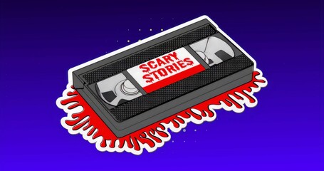 Floating VHS cassette with SCARY STORIES label bleeding on purple-to-blue gradient with gold flecks