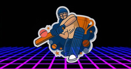 Swinging cartoon cricket batsman hitting ball in neon grid studio, with bat, helmet, trophy cup