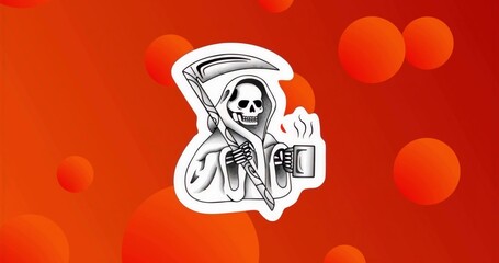 Clutching hooded skeleton gripping scythe and sipping coffee on red-orange gradient with bokeh dots