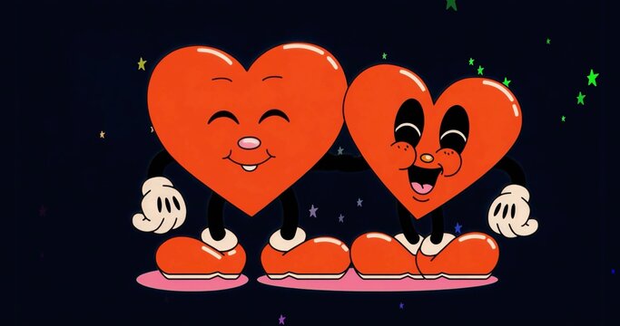 Smiling red cartoon heart characters standing on pink platform with white gloves, starry background
