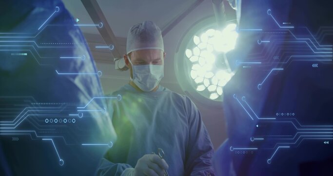 Operating surgeon in gown handling scalpel under overhead lamp in OR suite, with digital overlays