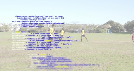 Playing eight soccer players wearing athletic clothing near goal on park field, with code overlay