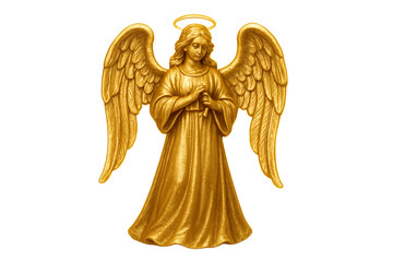 Golden angel Christmas tree topper with glowing edges, elegant wings, isolated on white background.