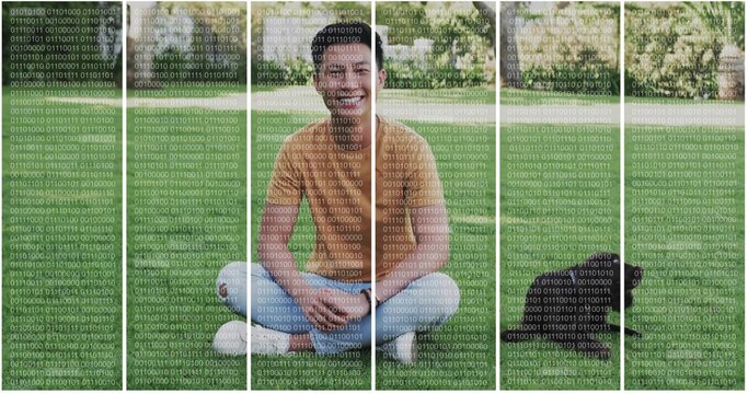 Sitting adult man wearing orange t-shirt and jeans in garden, with smartphone, backpack and lamp