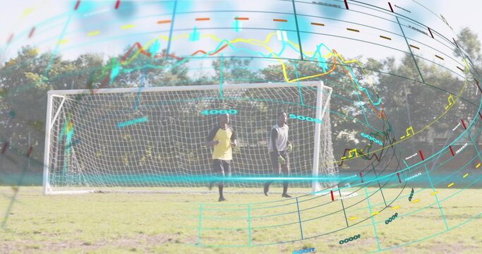 Standing goalkeepers wearing yellow and gray jerseys with gloves in front of goal with data overlay