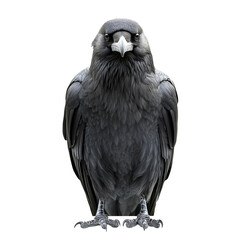 Obraz premium Large black raven in strict front view on a white transparent background. The bird sits with spread wings and a stern look, creating an impression of wisdom and mystery