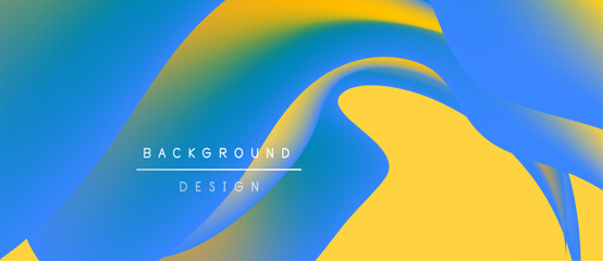 Abstract fluid shapes, vibrant colors blend. Yellow, blue gradients create dynamic background design. Modern aesthetic, smooth transitions.