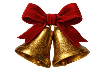 Golden christmas bells with red velvet bow, celebrating holiday season traditions and festive winter decorations