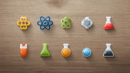 Assortment of colorful science and research related icons displayed on a wooden surface
