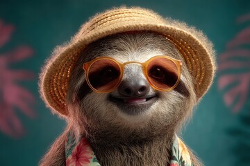 Obraz premium Smiling sloth enjoys summer vibes in a vibrant hat and colorful sunglasses with tropical background
