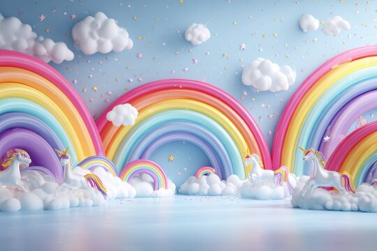 Vibrant rainbow world birthday party background featuring colorful arches and whimsical unicorns in a joyful celebration setting