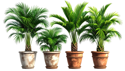 Four potted palm plants in varying sizes and pot styles