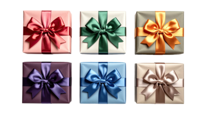 Six neatly wrapped gifts, each with a vibrant bow