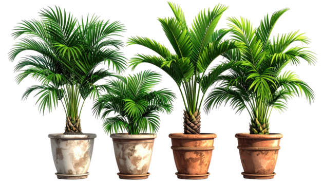 Four potted palm plants in varying sizes and pot styles