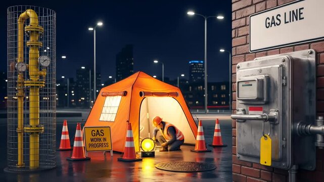 Gas pipeline maintenance at night with a man worker inside temporary tent, showing city gas supply infrastructure works, animation.