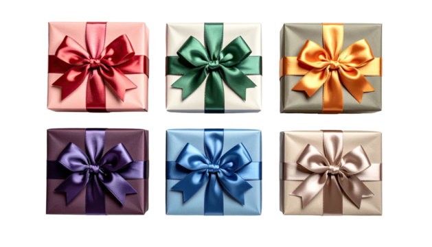 Six neatly wrapped gifts, each with a vibrant bow